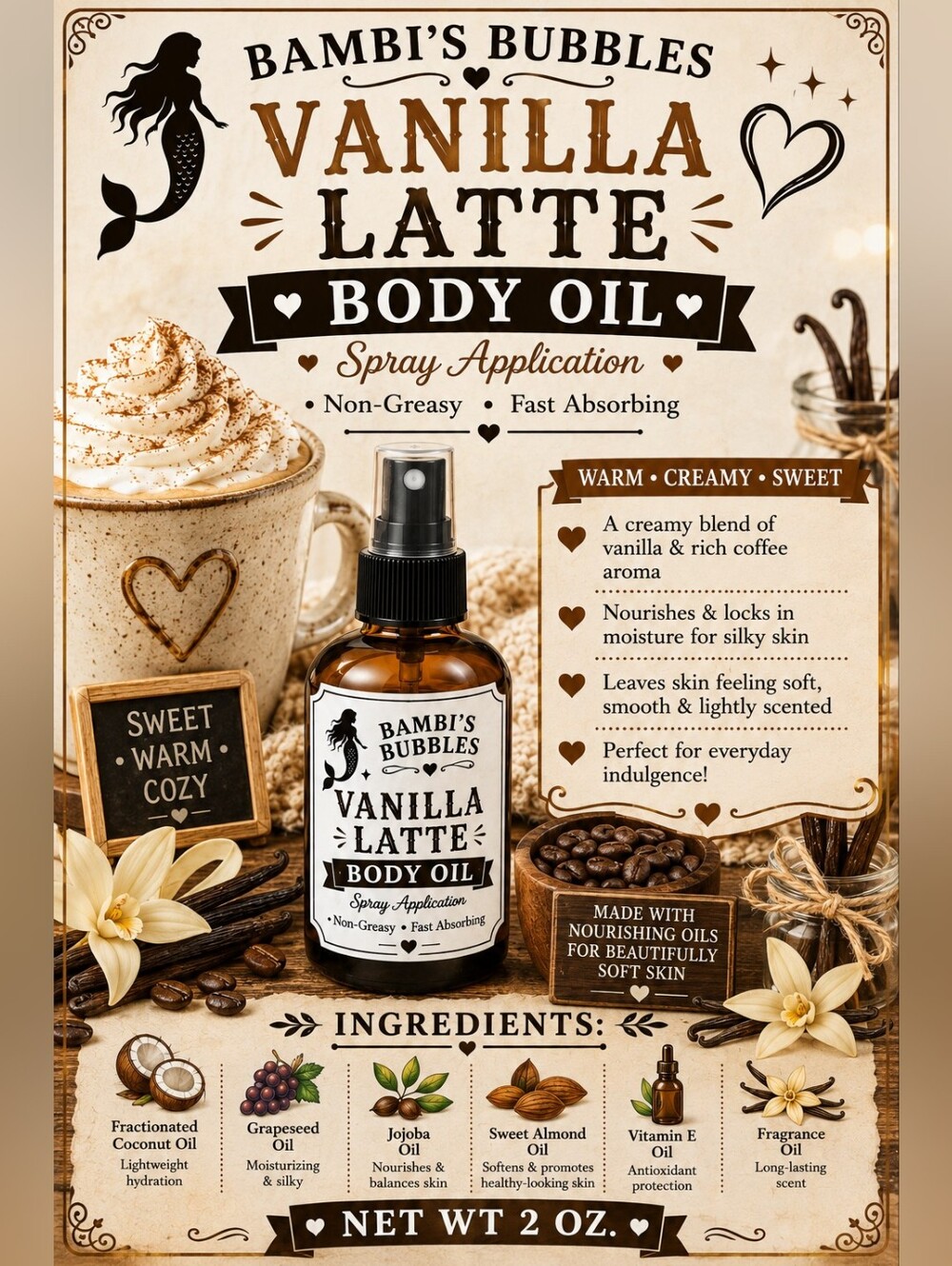 New! Bambisbubbles Vanilla Latte Body Oil 2oz Spray Application